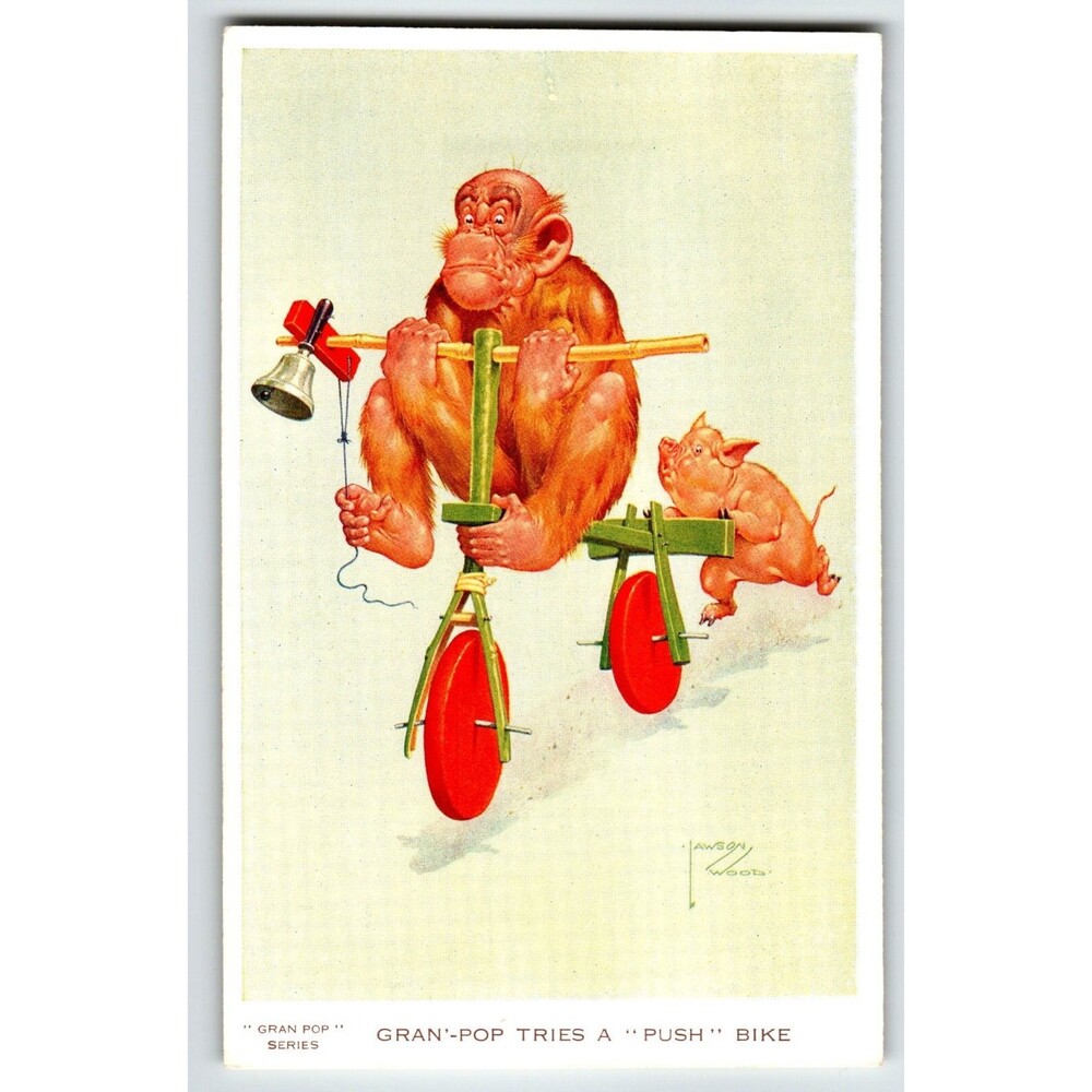 Monkey Pig Push Bike Bicycle Postcard Larson Wood Signed Fantasy Anthropomorphic